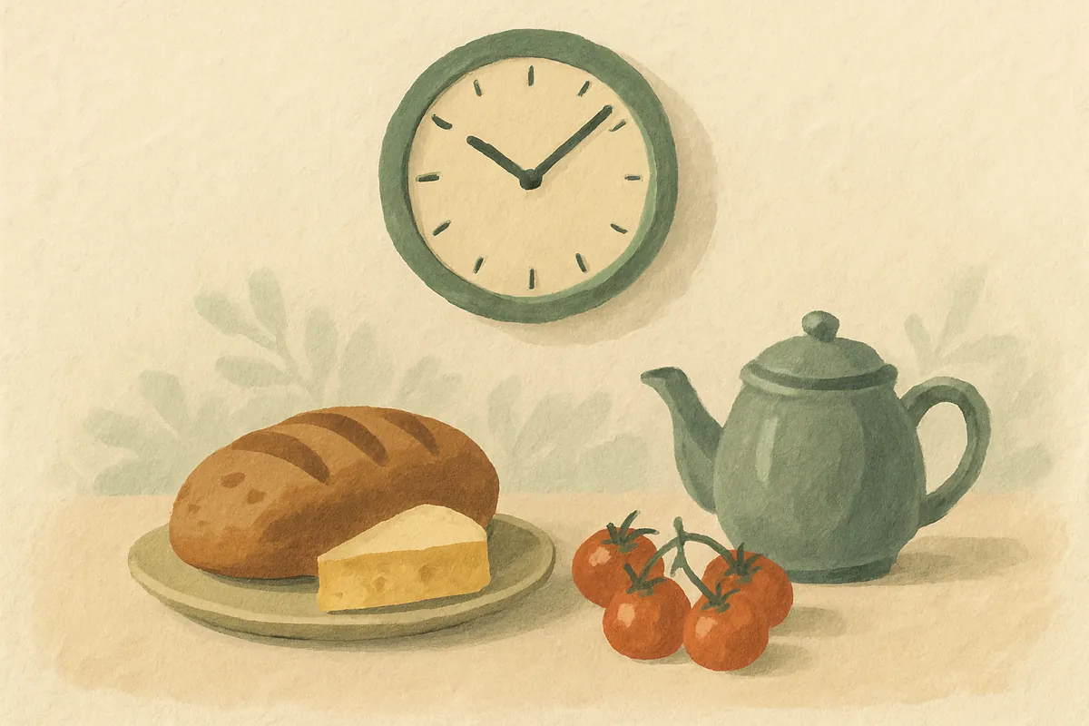 Gemalte Küchenuhr an einer Wand über einem gedeckten Tisch mit Brot, Käse, Tomaten und einer Teekanne