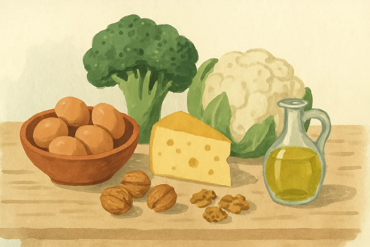 Gemalter Markttisch mit Eiern, einem Stück Käse, Brokkoli, Blumenkohl, Walnüssen und einer Flasche Olivenöl