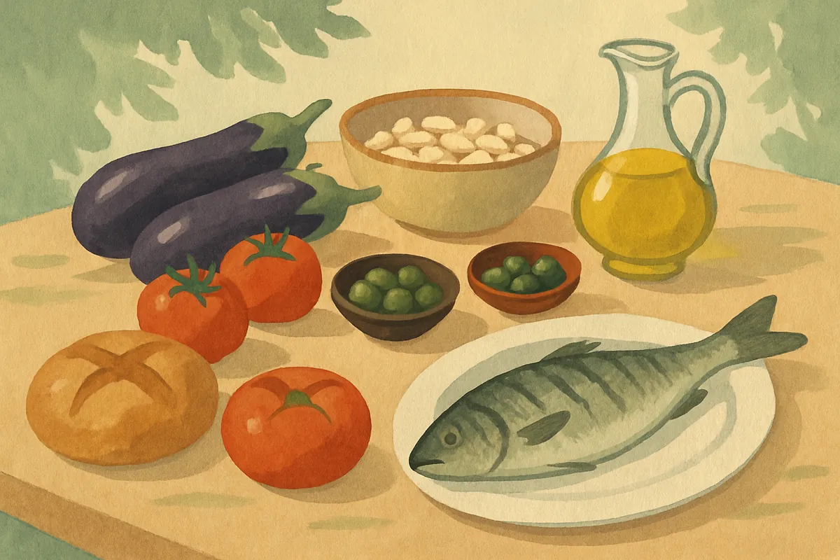 Gemalter Tisch im Freien mit Tomaten, Auberginen, einer Schale weißer Bohnen, Oliven, Brot, einem gegrillten Fisch und einer Karaffe Olivenöl