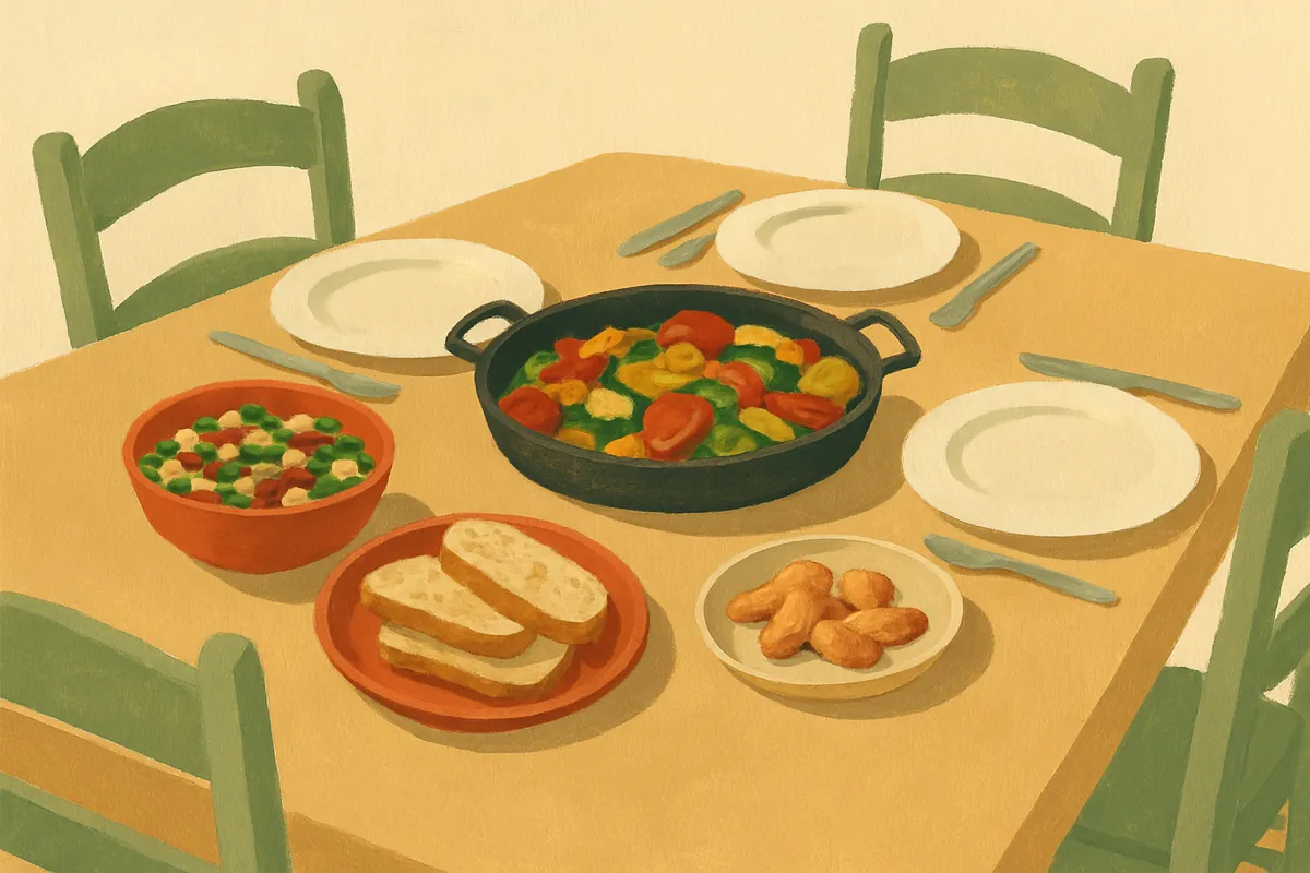 Gemalter Familientisch mit einer großen Gemüsepfanne, einer Schüssel Bohnensalat, Brot und einem kleinen Teller mit Hähnchenstücken am Rand