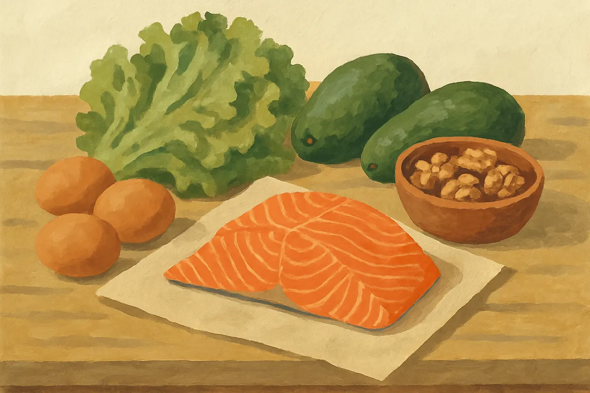 Gemalter Markttisch mit einem Stück Lachs auf Papier, braunen Eiern, Blattsalat, Avocados und einer Schale Walnüsse