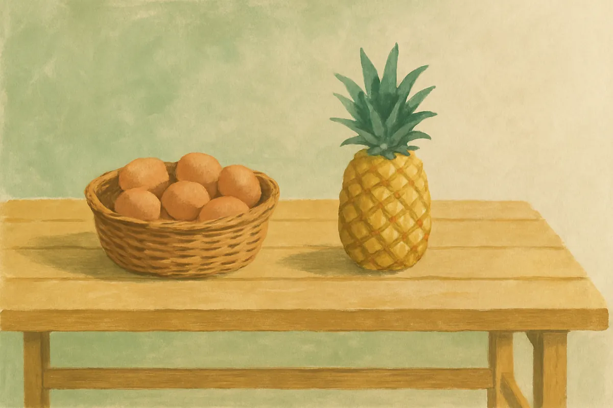Gemalter Weidenkorb mit braunen Eiern neben einer einzelnen Ananas auf einem sonst leeren Marktstand