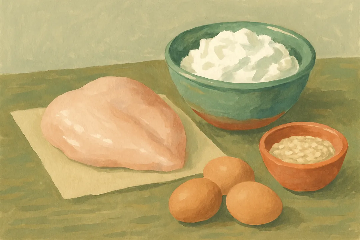 Gemalter Markttisch mit einem Stück hellem Geflügelfleisch auf Papier, einer Schale Magerquark, Eiern und einer kleinen Schale Haferkleie