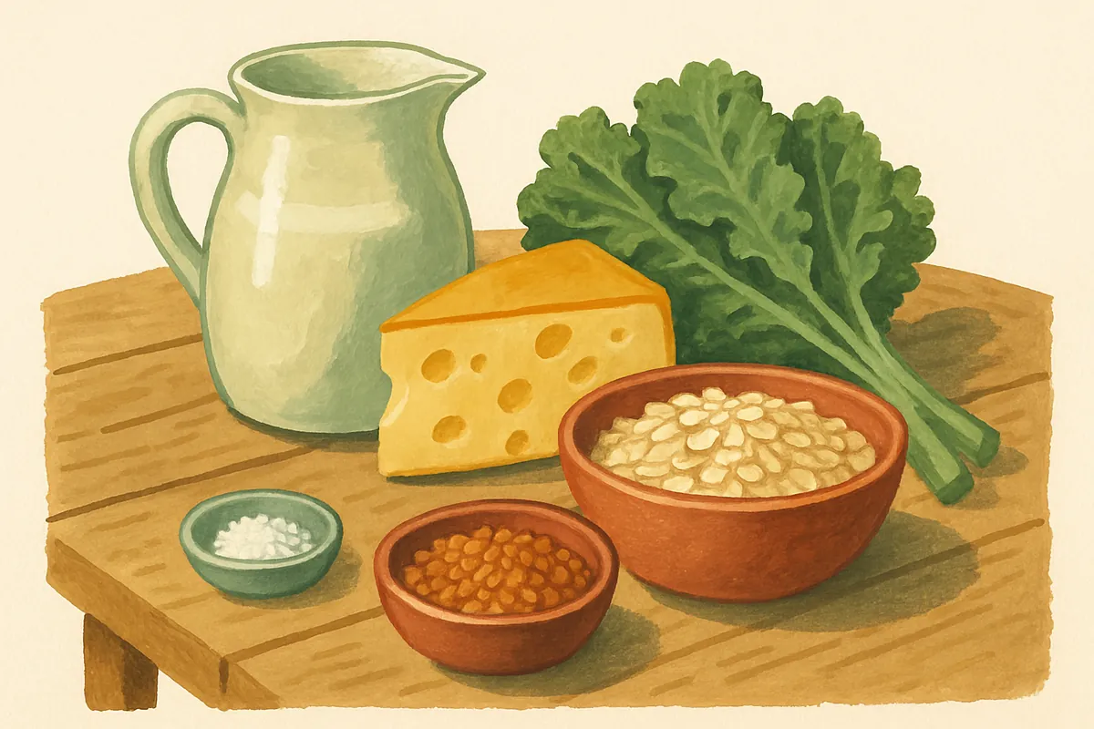 Gemalter Holztisch mit einem Krug Milch, einem Stück Käse, Grünkohl, Haferflocken in einer Schale, Linsen und einem kleinen Schälchen Salz