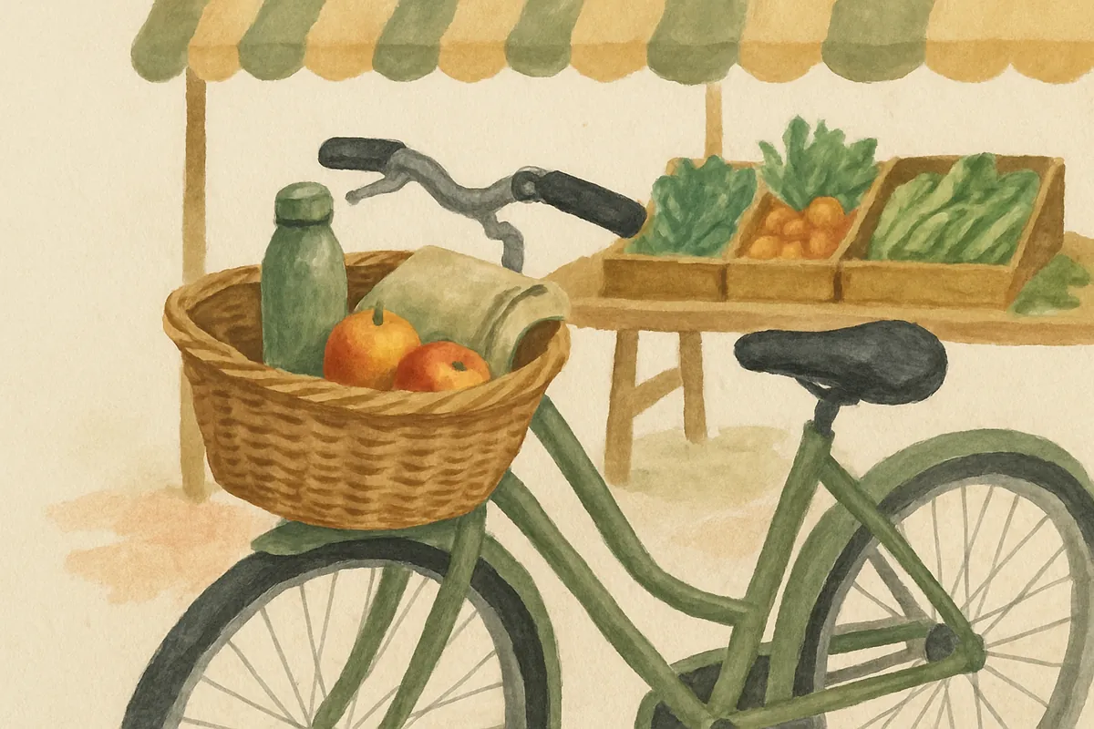 Gemaltes Fahrrad mit Korb an einem Marktstand, im Korb eine Trinkflasche, Äpfel und ein Handtuch