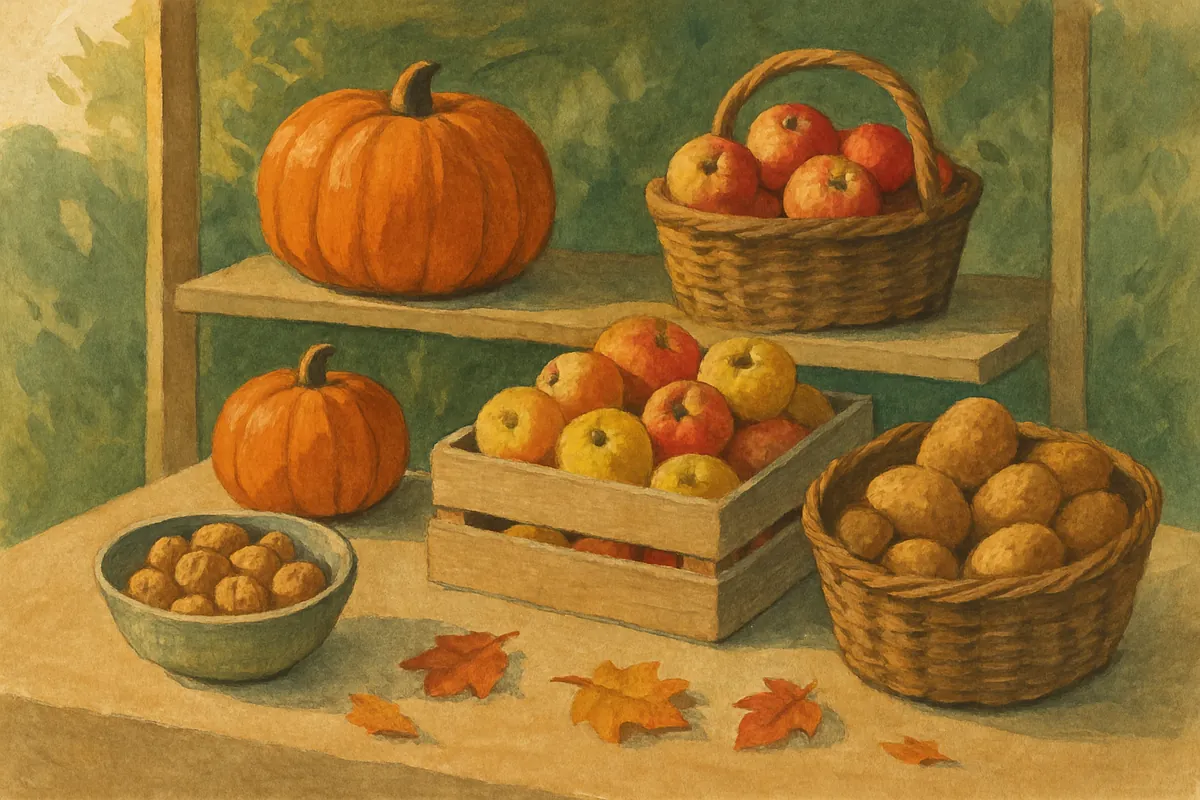 Gemalter Herbstmarktstand mit Kürbissen, Äpfeln, Walnüssen und einem Korb Kartoffeln im warmen Abendlicht