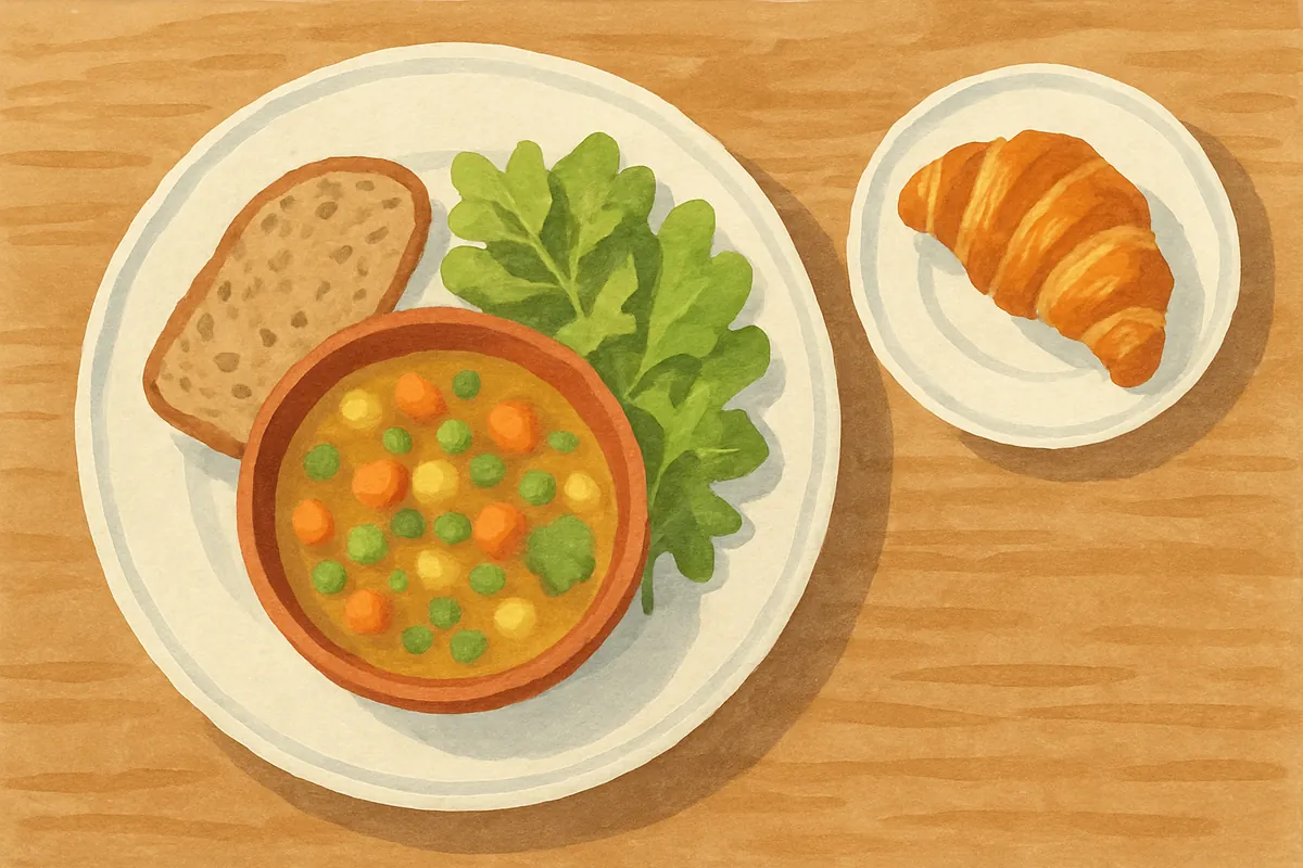 Zwei gemalte Teller auf einem Holztisch: links ein großer Teller mit Gemüsesuppe, Brot und Salat, rechts ein kleiner Teller mit einem Croissant