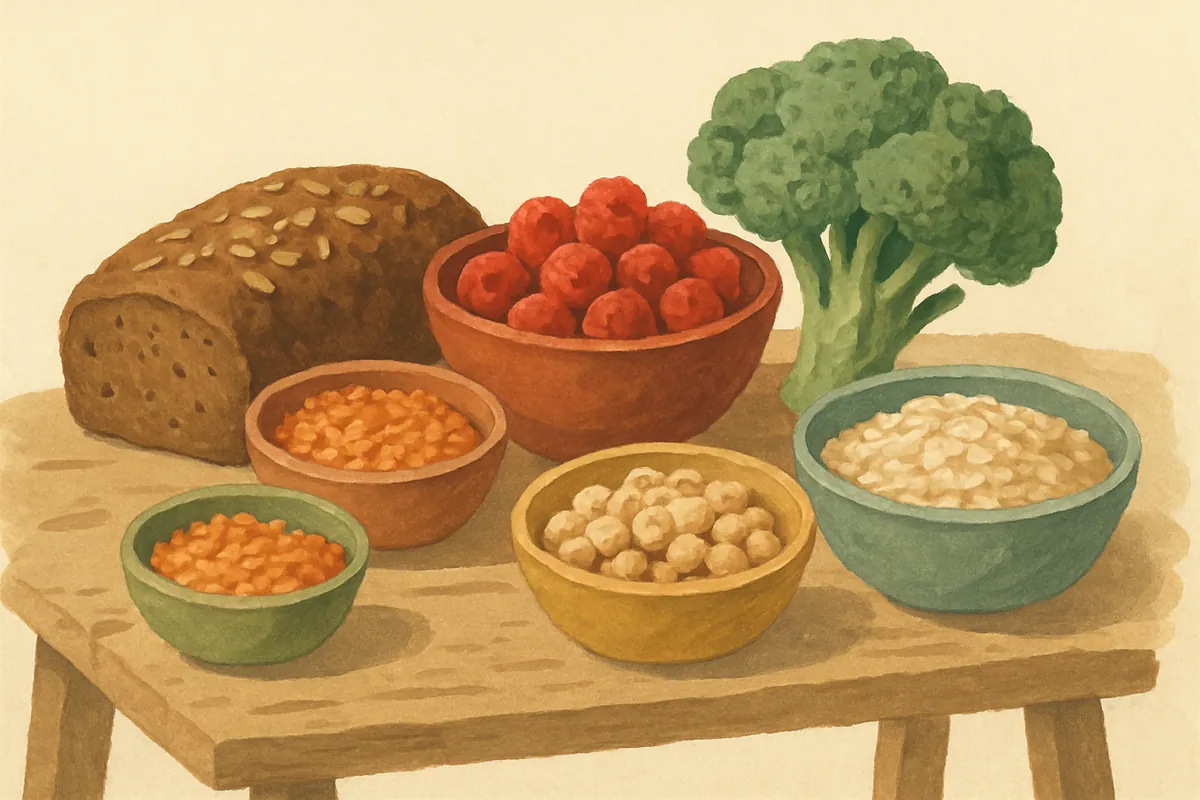 Gemalter Marktstand mit Vollkornbrot, Schalen mit Linsen und Kichererbsen, Himbeeren, Brokkoli und einer Schale Haferflocken
