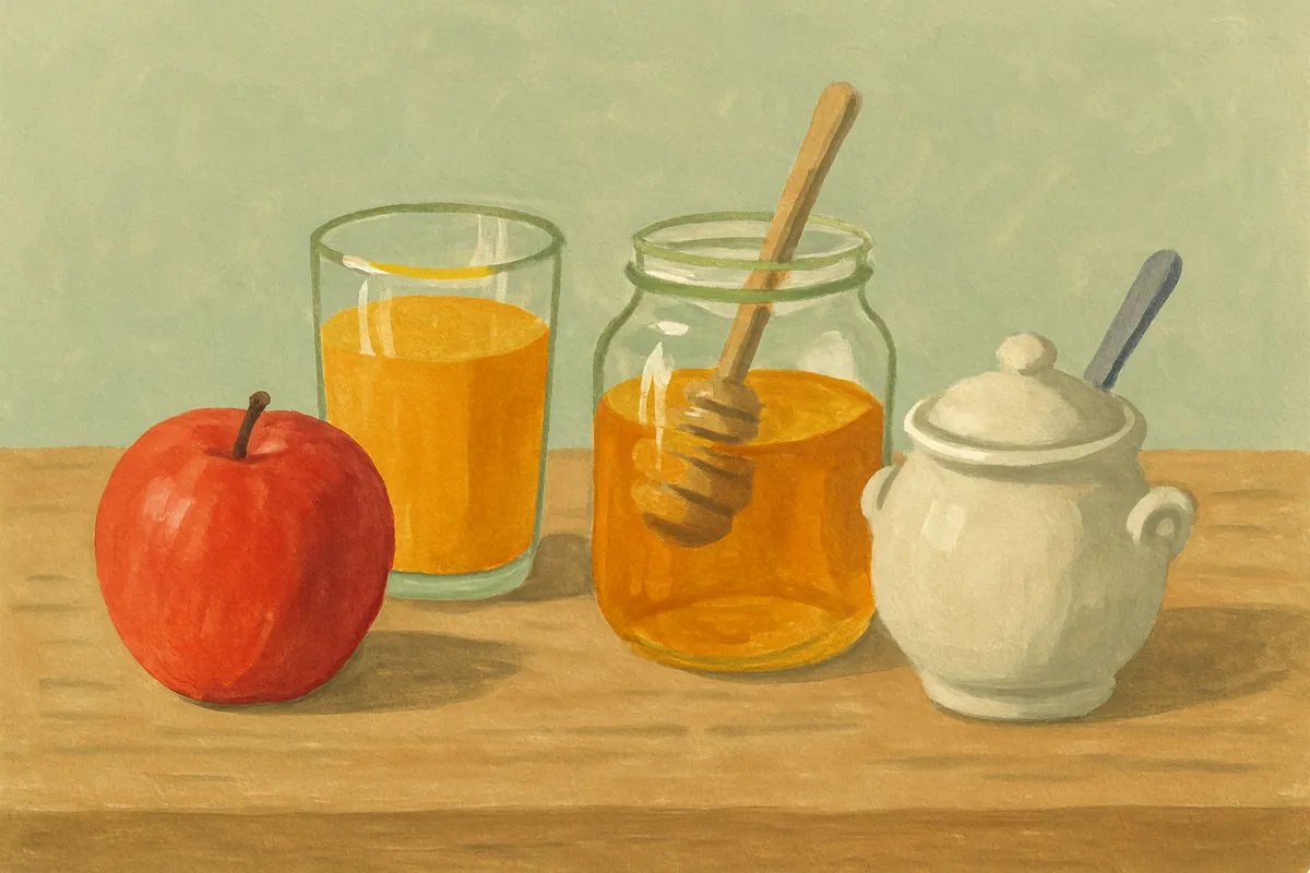 Gemalte Szene mit einem ganzen Apfel, einem Glas Saft, einem Honigglas mit Holzlöffel und einer kleinen Zuckerdose auf einem Holztisch