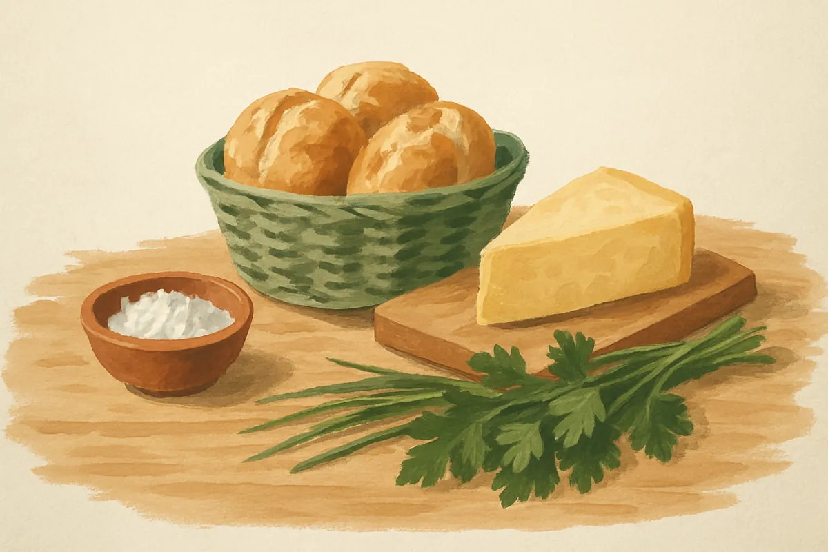 Gemalte kleine Schale mit grobem Salz neben einem Brotkorb mit Brötchen, einem Stück Käse und frischen Kräutern auf einem Holztisch