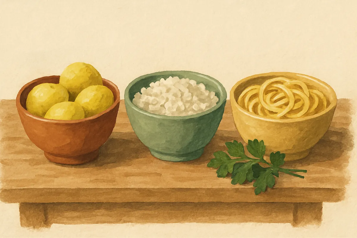 Gemalte Schalen mit gekochten Kartoffeln, gekochtem Reis und Spaghetti nebeneinander auf einem Holztisch, dazu ein Bund Petersilie