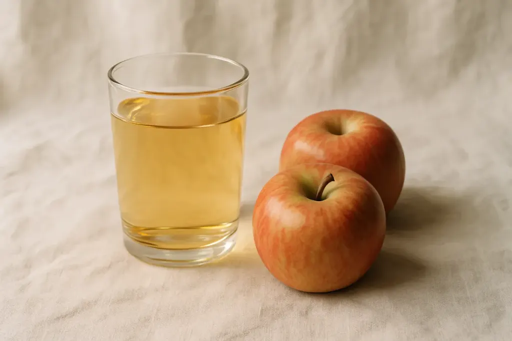 Ein Glas Apfelsaft neben zwei Äpfeln