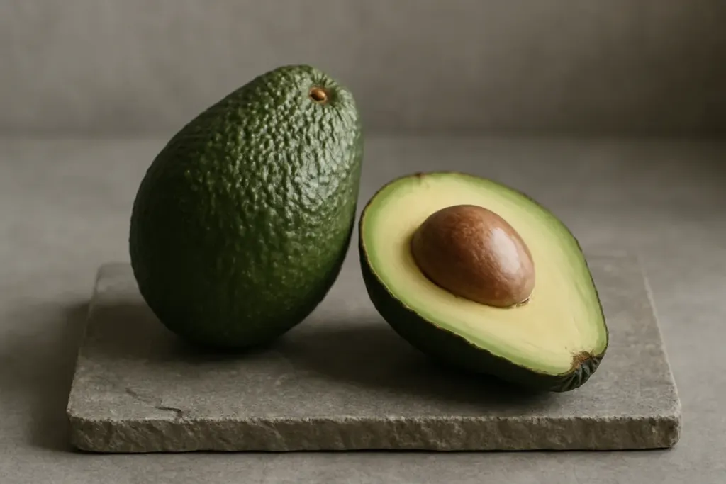 Eine ganze und eine halbierte Avocado mit Kern