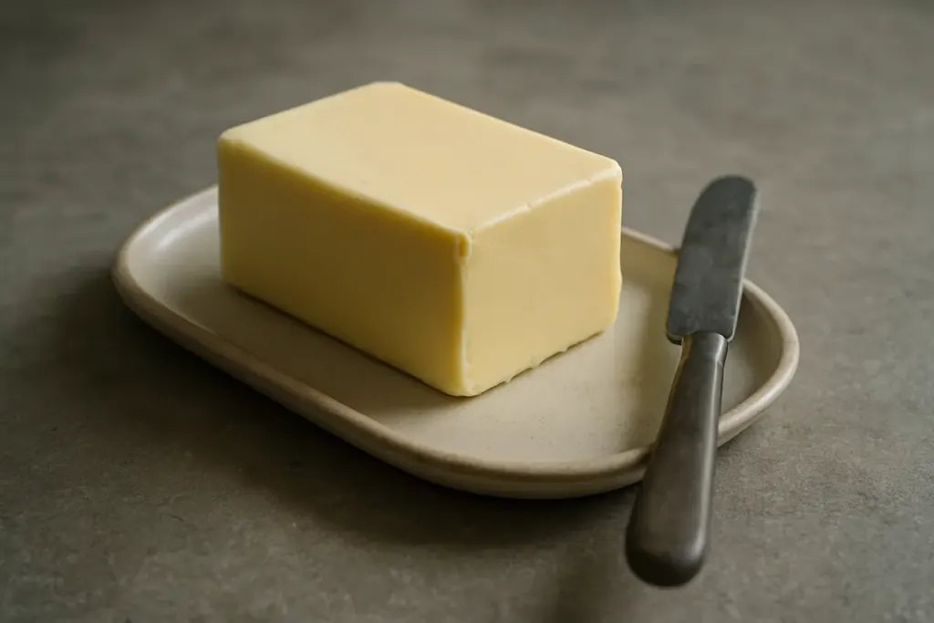 Ein Stück Butter in einer Butterdose mit Messer