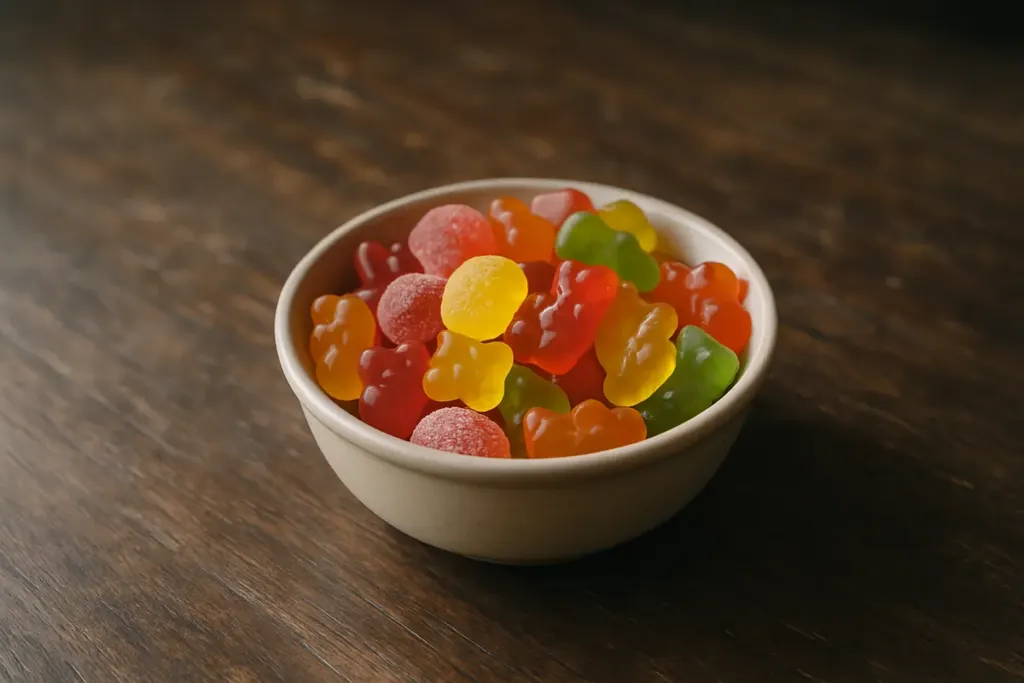 Bunte Fruchtgummis in einer kleinen Schale