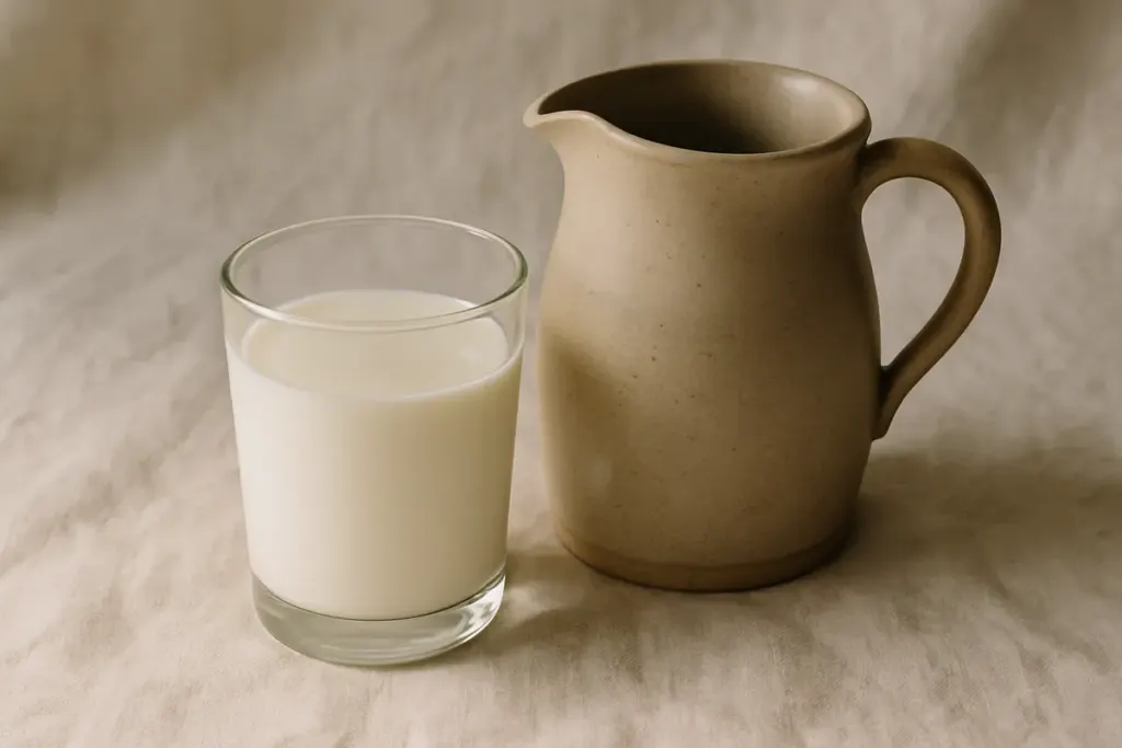 Ein Glas Milch neben einem Krug