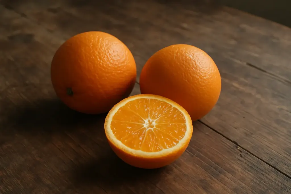 Zwei Orangen und eine halbierte Orange