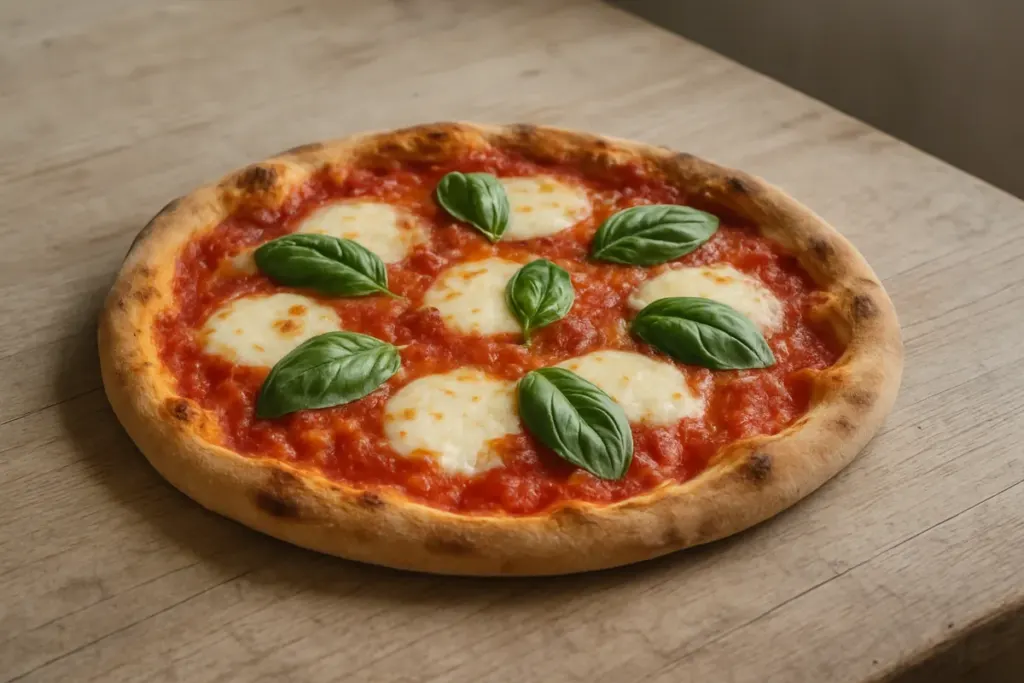 Eine Pizza Margherita mit Tomatensauce, Mozzarella und Basilikum