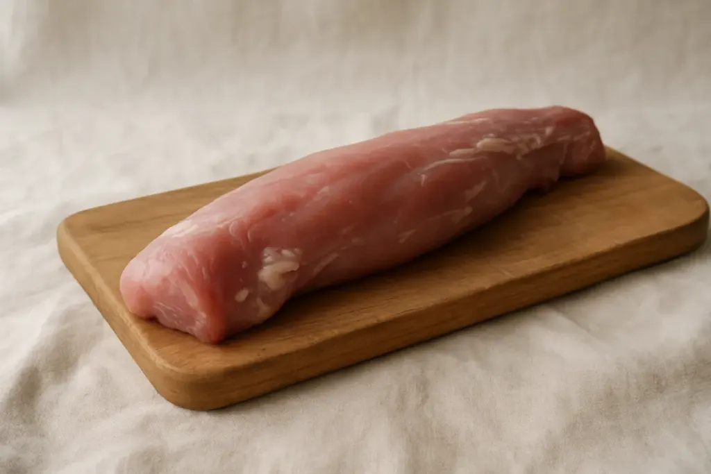 Ein rohes Schweinefilet auf einem Holzbrett