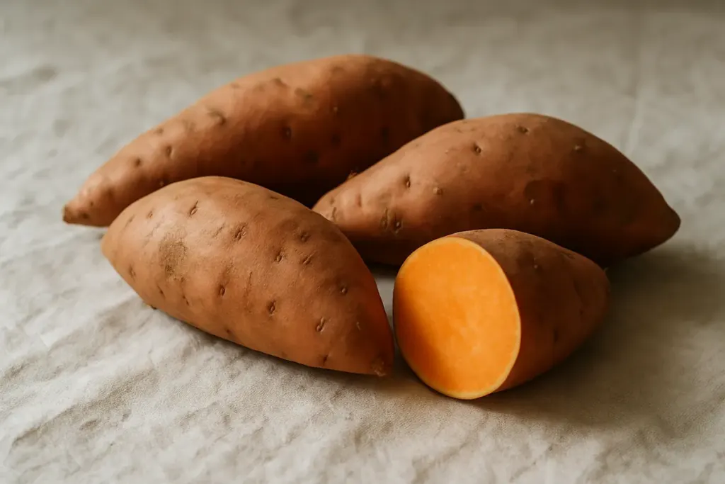 Rohe Süßkartoffeln, eine aufgeschnitten