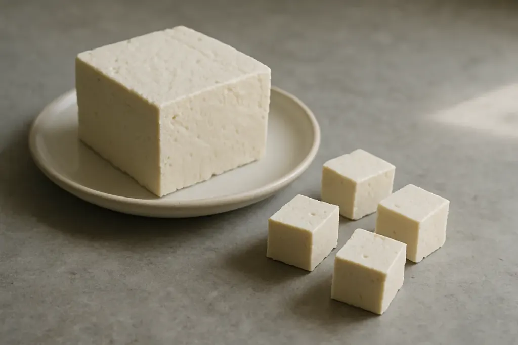 Ein Block Naturtofu mit einigen Würfeln