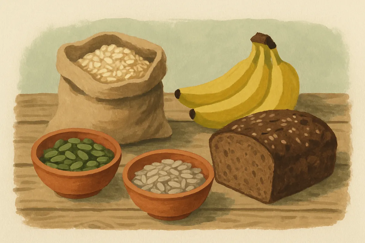 Gemalter Markttisch mit Kürbiskernen, Sonnenblumenkernen, Haferflocken, einem Laib Vollkornbrot und Bananen