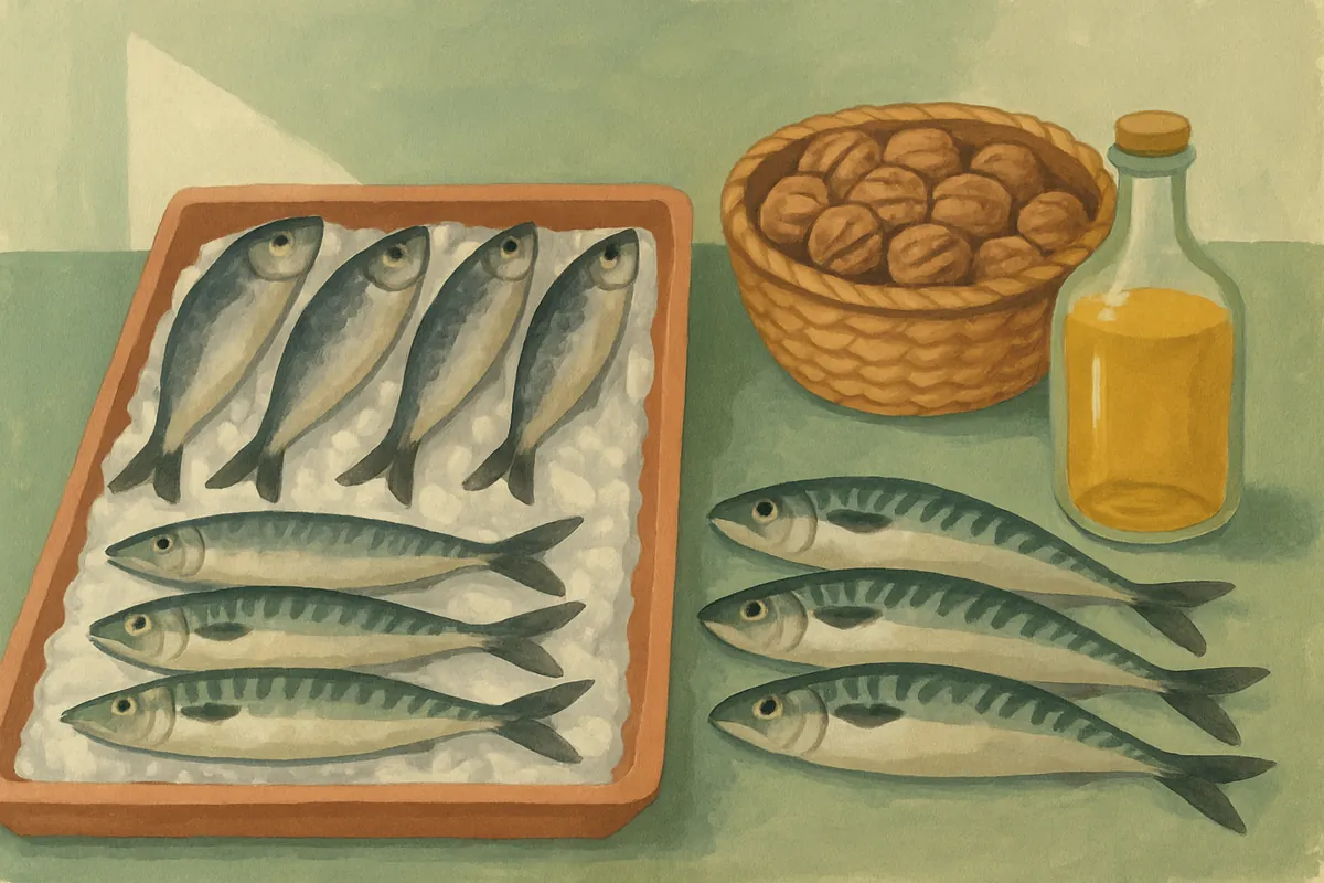 Gemalter Fischstand mit Heringen und Makrelen auf Eis, daneben ein Korb Walnüsse und eine Flasche Leinöl