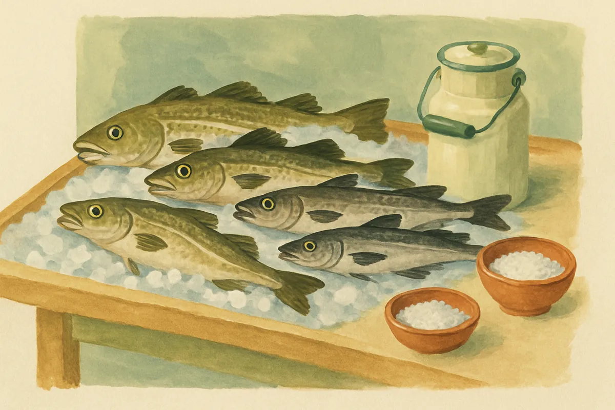 Gemalter Fischstand mit Kabeljau und Seelachs auf Eis, daneben ein Keramikschälchen mit grobem Salz und eine Milchkanne