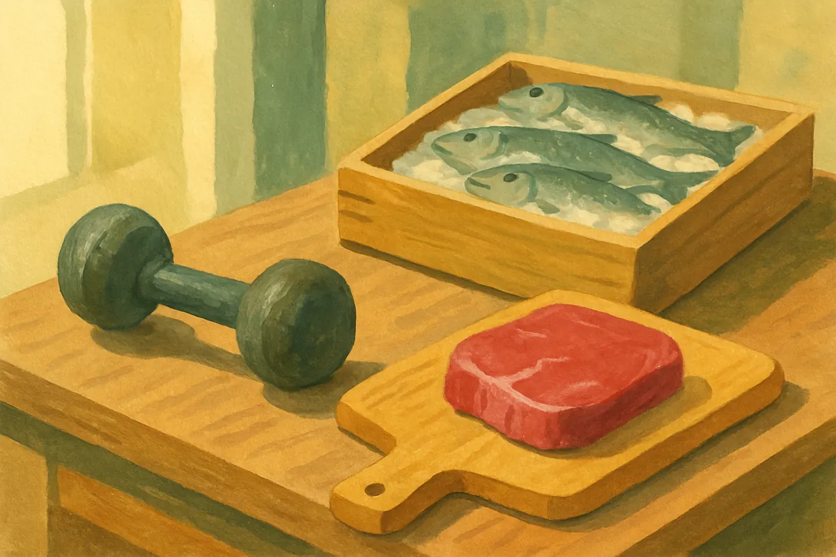 Gemalte alte gusseiserne Kurzhantel neben einer Holzkiste mit Fisch auf Eis und einem Brett mit Rindfleisch an einem Marktstand