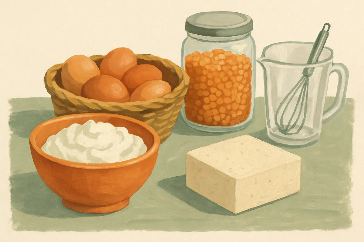 Gemalter Markttisch mit einer Schüssel Quark, einem Korb Eier, einem Glas Linsen, einem Block Tofu und einem leeren Glasbecher mit Schneebesen