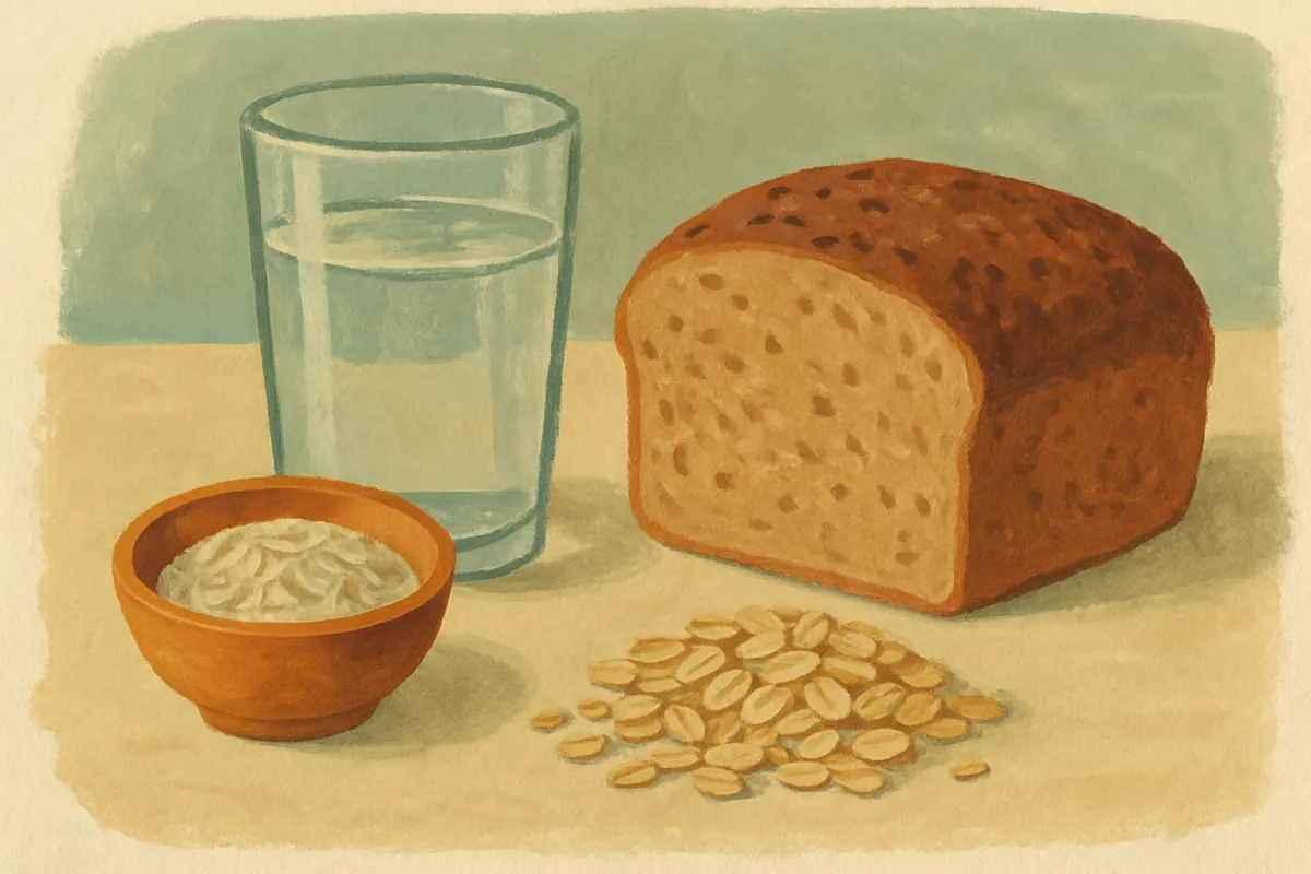 Gemalte kleine Holzschale mit hellen Samenschalen neben einem großen Glas Wasser, einem Laib Vollkornbrot und Haferflocken auf einem Küchentisch