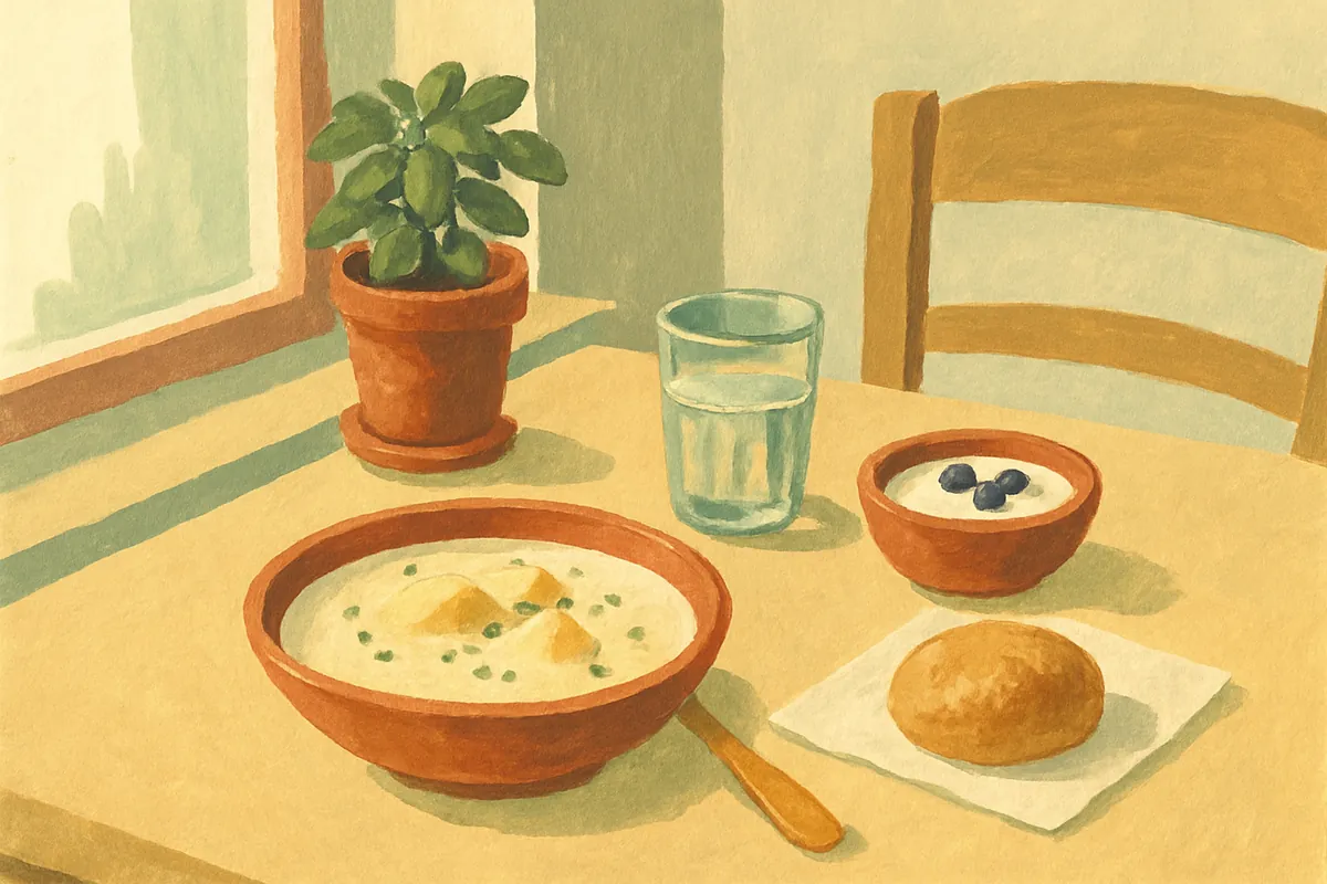 Gemalter Küchentisch am Fenster mit einem Teller Kartoffelsuppe, einem Glas Wasser, einer Schale Joghurt mit Beeren und einem weichen Brötchen