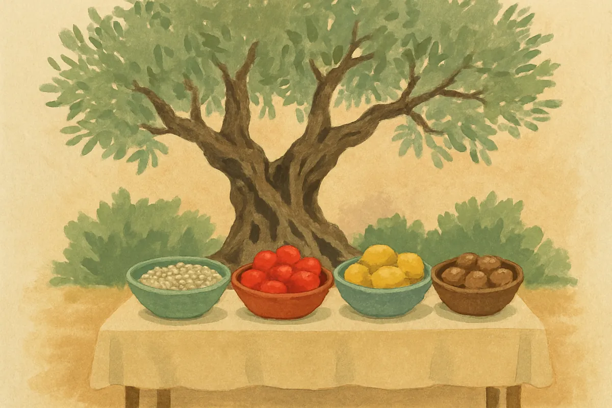 Gemalter knorriger alter Olivenbaum hinter einem Marktstand mit Bohnen, Tomaten, Zitronen und einer Schale Walnüssen