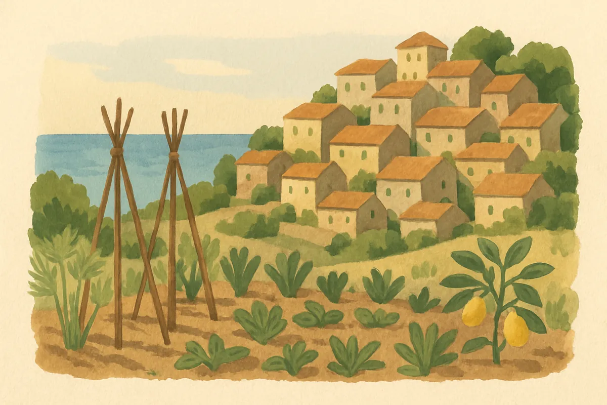 Gemaltes Bergdorf mit Steinhäusern über dem Meer, im Vordergrund ein Gemüsegarten mit Bohnenstangen, Fenchel und Zitronenbaum