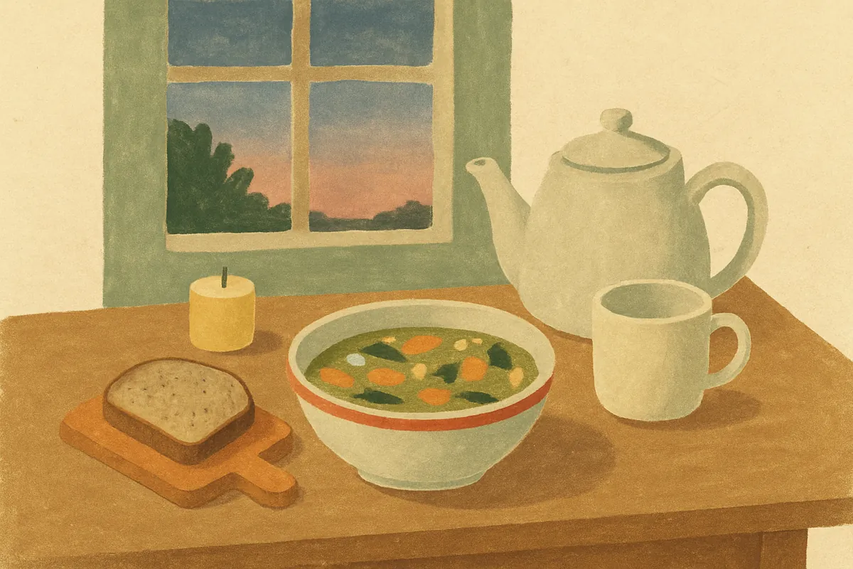 Gemalter Holztisch am Abend mit einer Schüssel Gemüsesuppe, einer Scheibe Vollkornbrot und einer Teekanne, im Fenster dahinter Dämmerung