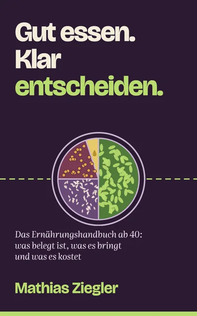 Buchcover „Gut essen. Klar entscheiden.“ von Mathias Ziegler: gezeichneter Teller aus vier Bausteinen auf dunklem Grund